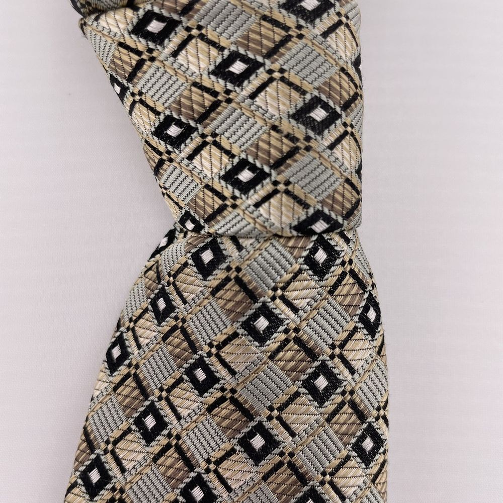 PRONTO UOMO Men's Silk‎ Designer Necktie Gray Hand Made China Geometric 61" EUC
